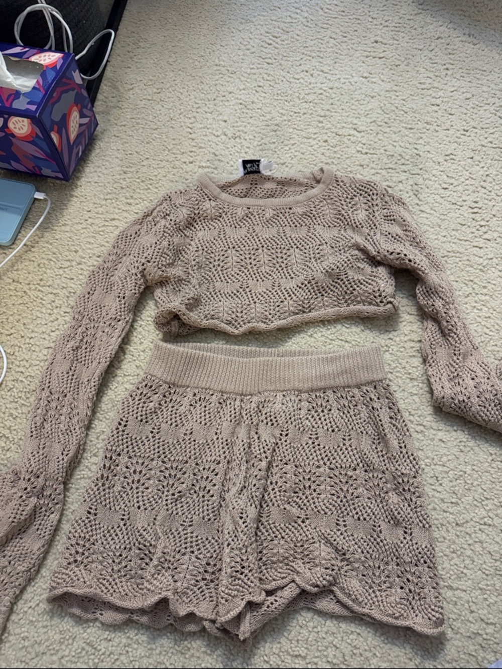 Princess Polly Crochet Knit Two-Piece Skirt Set - Dusty Pink